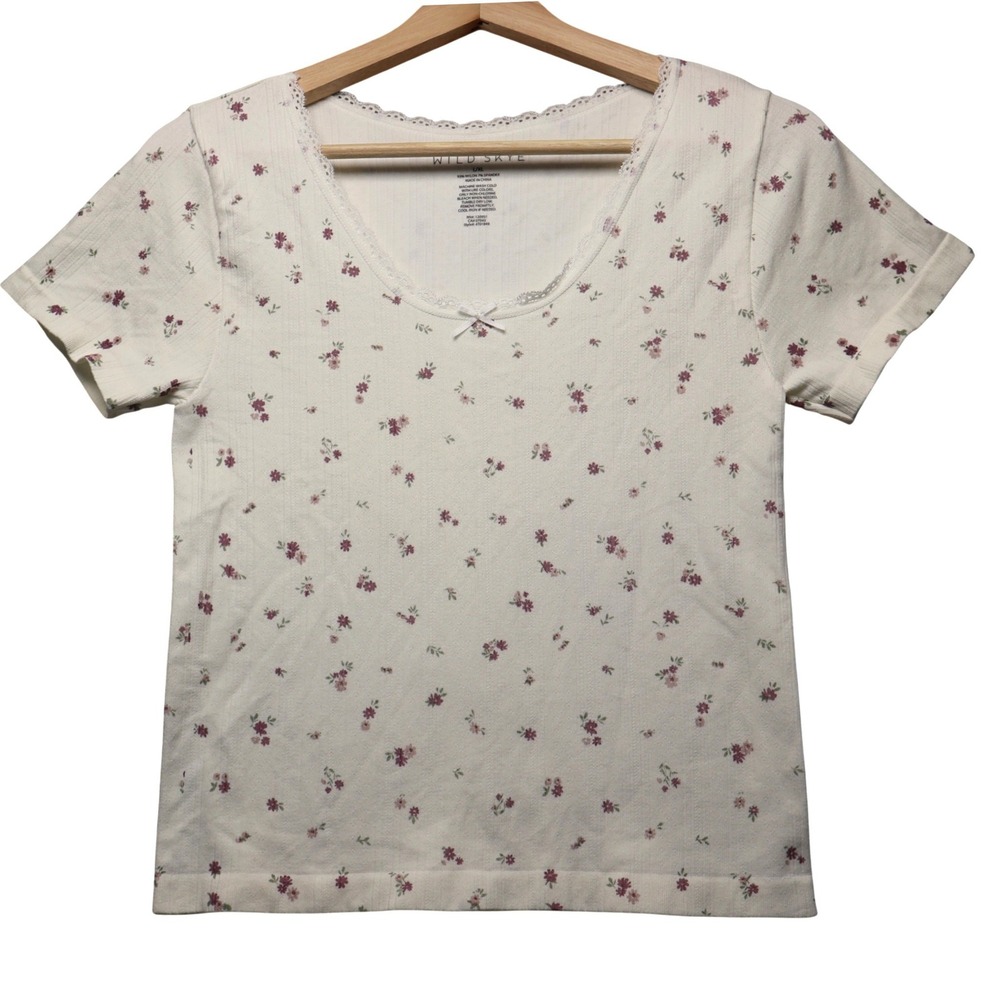 Wild‎ Skye Cream Floral Lace Trim Short Sleeve Scoop Neck Top Cottage Y2K L XL